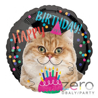 Balónek nafukovací fóliový pr. 43 cm 'kočka Happy Birthday'