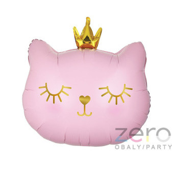 Balónek nafukovací fóliový 42x39,5 cm 'Kočka s korunkou' - růžová