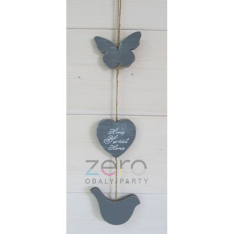 Motýl, srdce a pták dřevěný závěsný 65 cm - šedá