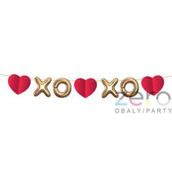 Girlanda papírová 'srdce XOXO' 2 m - červená a zlatá