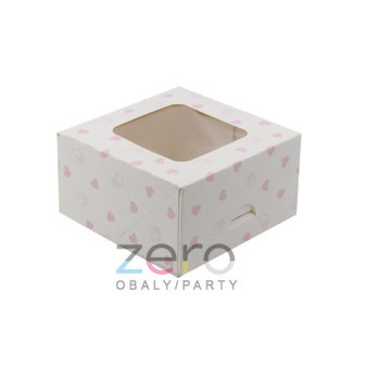 Krabice dortová s okýnkem 130 x 130 x 70 mm - bílá se srdíčky