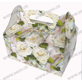 Krabička svatební s uchem 195 x 140 x 90 mm - stužky (bílé růže)