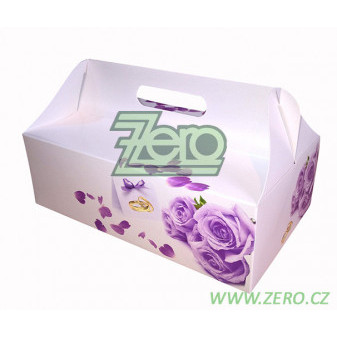 Krabička svatební s uchem 250 x 150 x 80 mm - bílá s kytici fialových růží