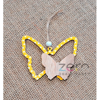 Motýl s motýlem závěsný dřevěný 8 cm - přírodní/žlutá