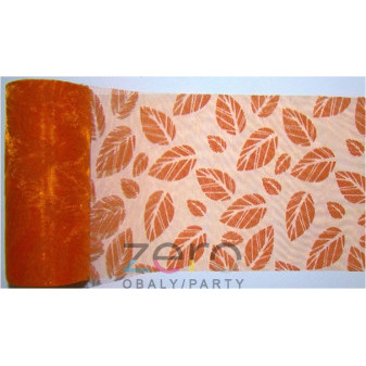 Organza 36 cm x 5 y - oranžová s tiskem listů