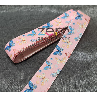 Stuha tkaná 2,5 cm x 7 y - růžová s tiskem motýlků