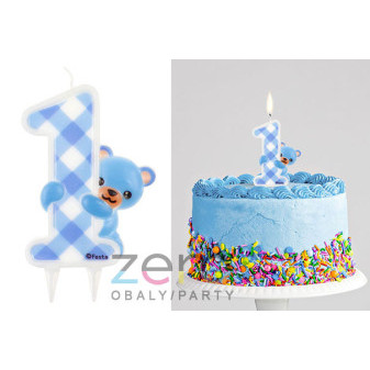 Svíčka narozeninová 12 cm číslo '1 s medvědem' - modrá