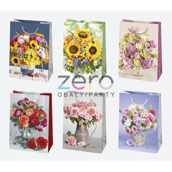 Taška papírová dárková 23x32x11 cm (lak) - květiny ve váze (mix)