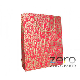 Taška papírová dárková vlnitá 25x31x9 cm - červená se zlatými ornamenty